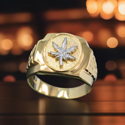 Gold Marijuana Weed Leaf Mens Nugget Ring