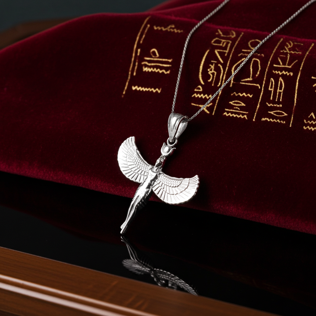 Sterling Silver Egyptian Isis Standing Winged Goddess Pendant Necklace