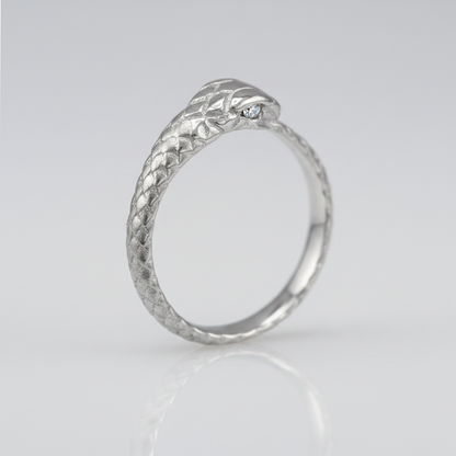 A silver snake ring with a textured scale pattern and a small clear gemstone in one eye, shown on a light gray reflective background.