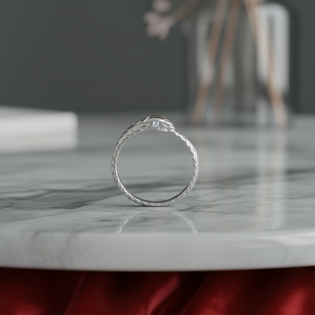 A silver snake ring with a small clear gemstone on its head, resting on a white marble surface with a blurred gray background.