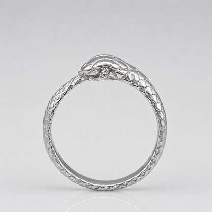 A silver snake ring with a textured, braided band and a polished snake head at the top, set against a light gray background.