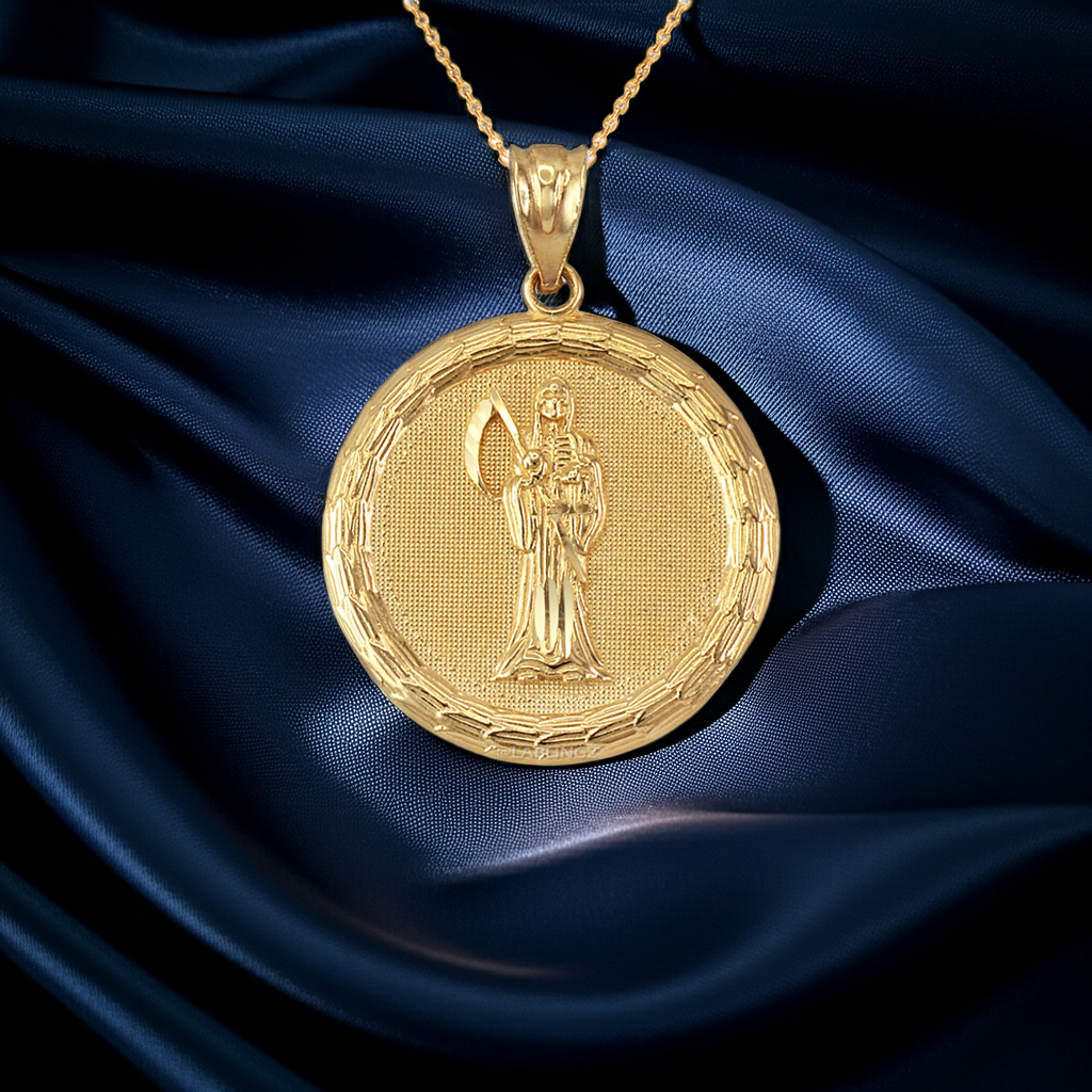 Gold Santa Muerte Medallion Pendant Necklace in 10K or 14K, Yellow, White, Rose, 2-Tone
