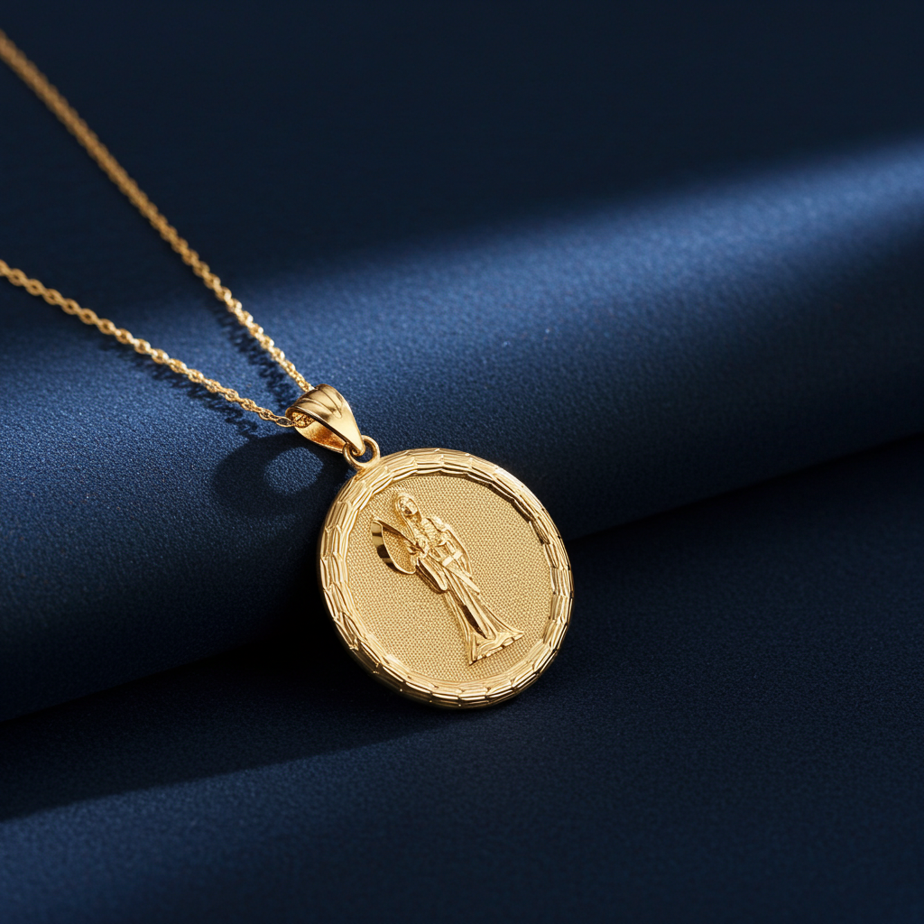 Gold Santa Muerte Medallion Pendant Necklace in 10K or 14K, Yellow, White, Rose, 2-Tone