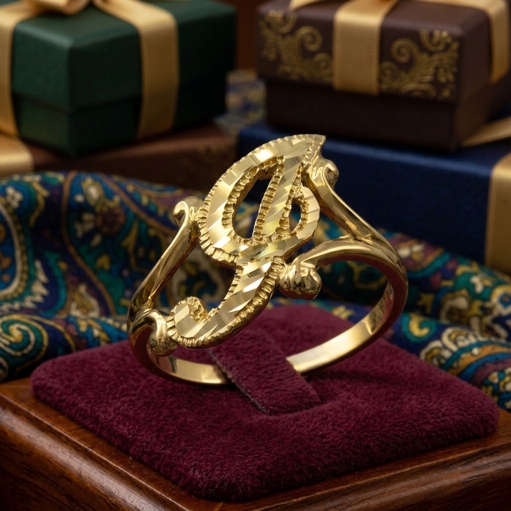 14K Yellow Gold Sparkle-Cut Letter Initial Script Ring