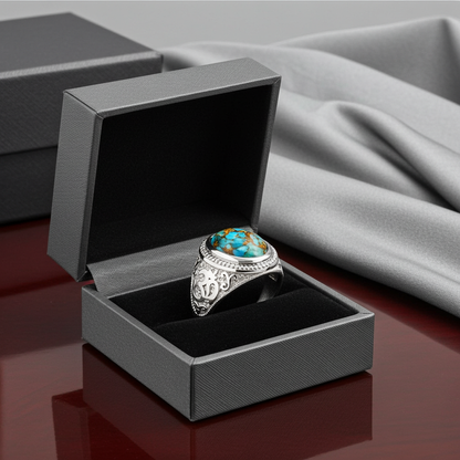 Sterling Silver Om (Aum) Mantra Ring with Blue Copper Turquoise Karma Blingz