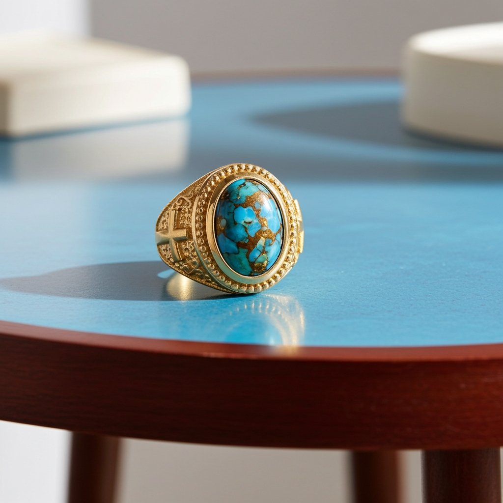 Solid Gold Christian Cross Blue Copper Turquoise Ring Oval Cabochon Gemstone