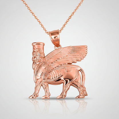 Gold Ancient Assyrian God Lamassu Winged Bull Pendant Necklace (yellow/white/rose)