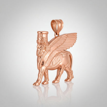 Gold Ancient Assyrian God Lamassu Winged Bull Pendant Necklace (yellow/white/rose)