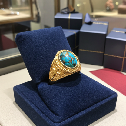 Solid Gold Christian Cross Blue Copper Turquoise Ring Oval Cabochon Gemstone