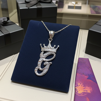 Sterling Silver Cursive Letter Initial Diamond-Cut Crown Pendant Necklace