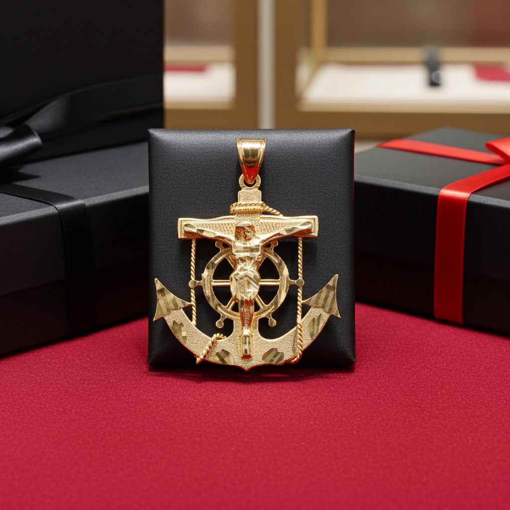 Solid Gold Mariner Anchor Mens Large Crucifix Cross Pendant (yellow, white, rose gold, 10k, 14k)