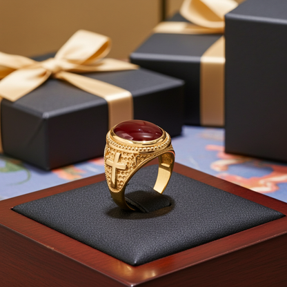 Solid Gold Christian Cross Red Onyx Ring Oval Cabochon Gemstone Unisex Statement Ring