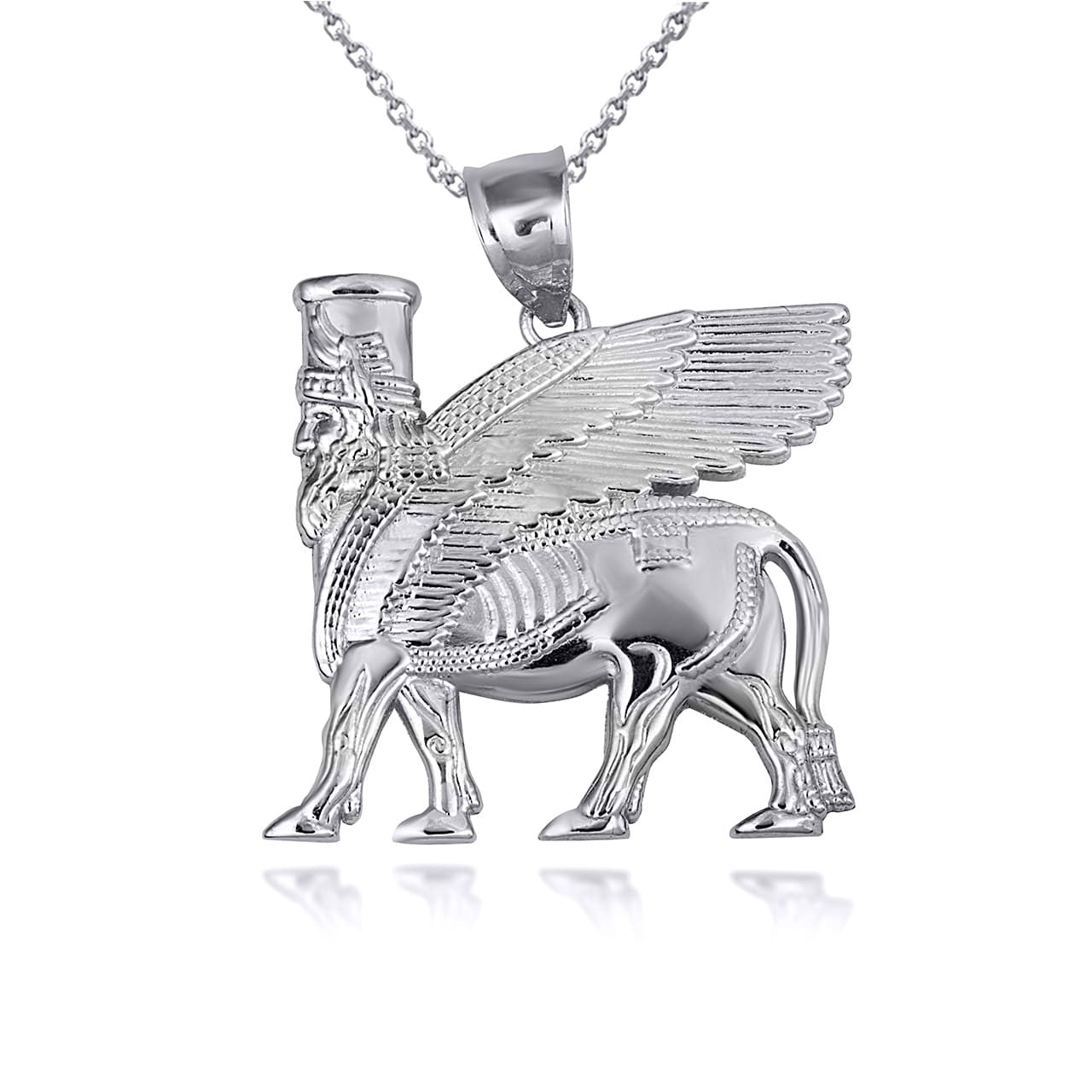 Gold Ancient Assyrian God Lamassu Winged Bull Pendant Necklace (yellow/white/rose)