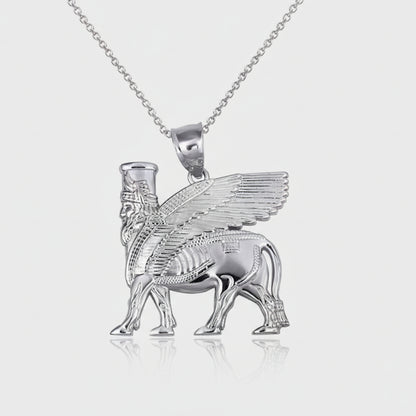 Gold Ancient Assyrian God Lamassu Winged Bull Pendant Necklace (yellow/white/rose)
