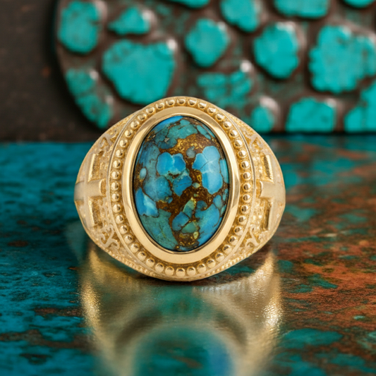 Solid Gold Christian Cross Blue Copper Turquoise Ring Oval Cabochon Gemstone