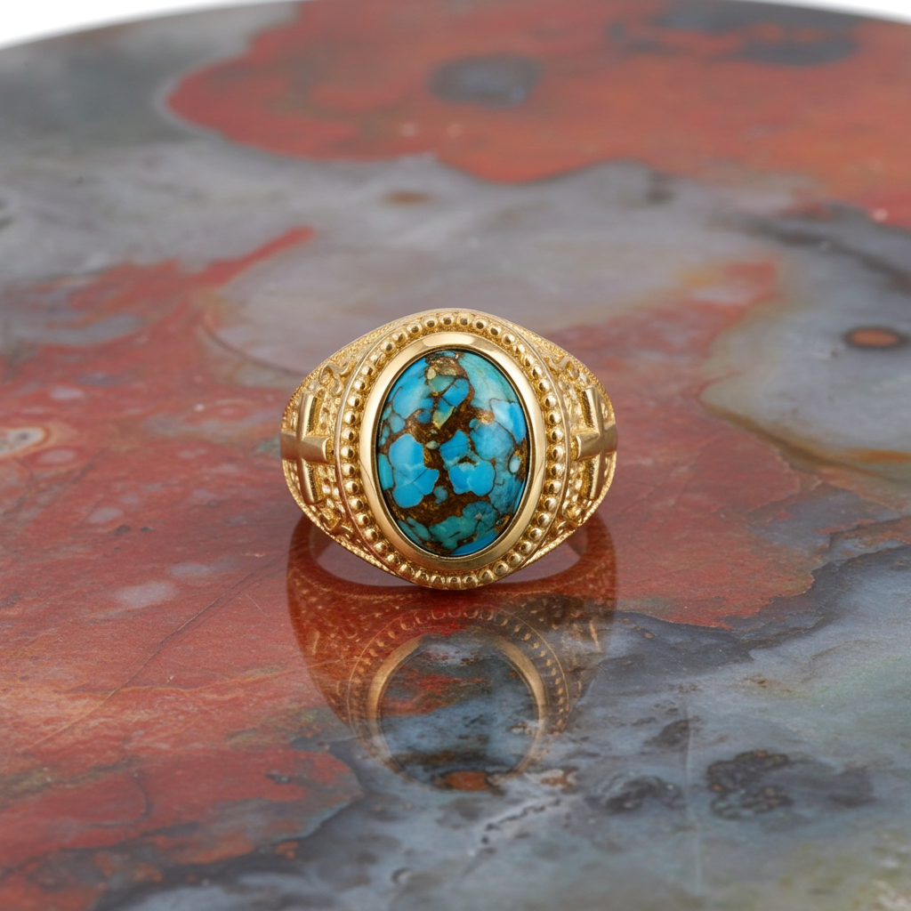 Solid Gold Christian Cross Blue Copper Turquoise Ring Oval Cabochon Gemstone