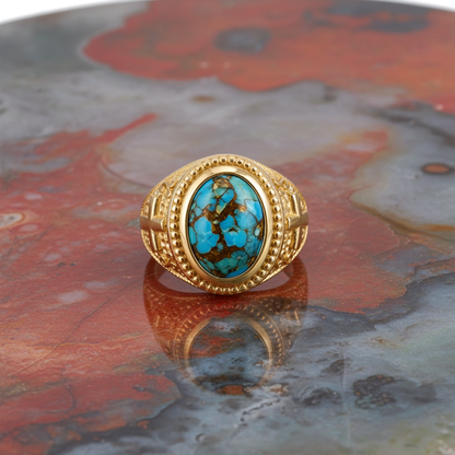 Solid Gold Christian Cross Blue Copper Turquoise Ring Oval Cabochon Gemstone