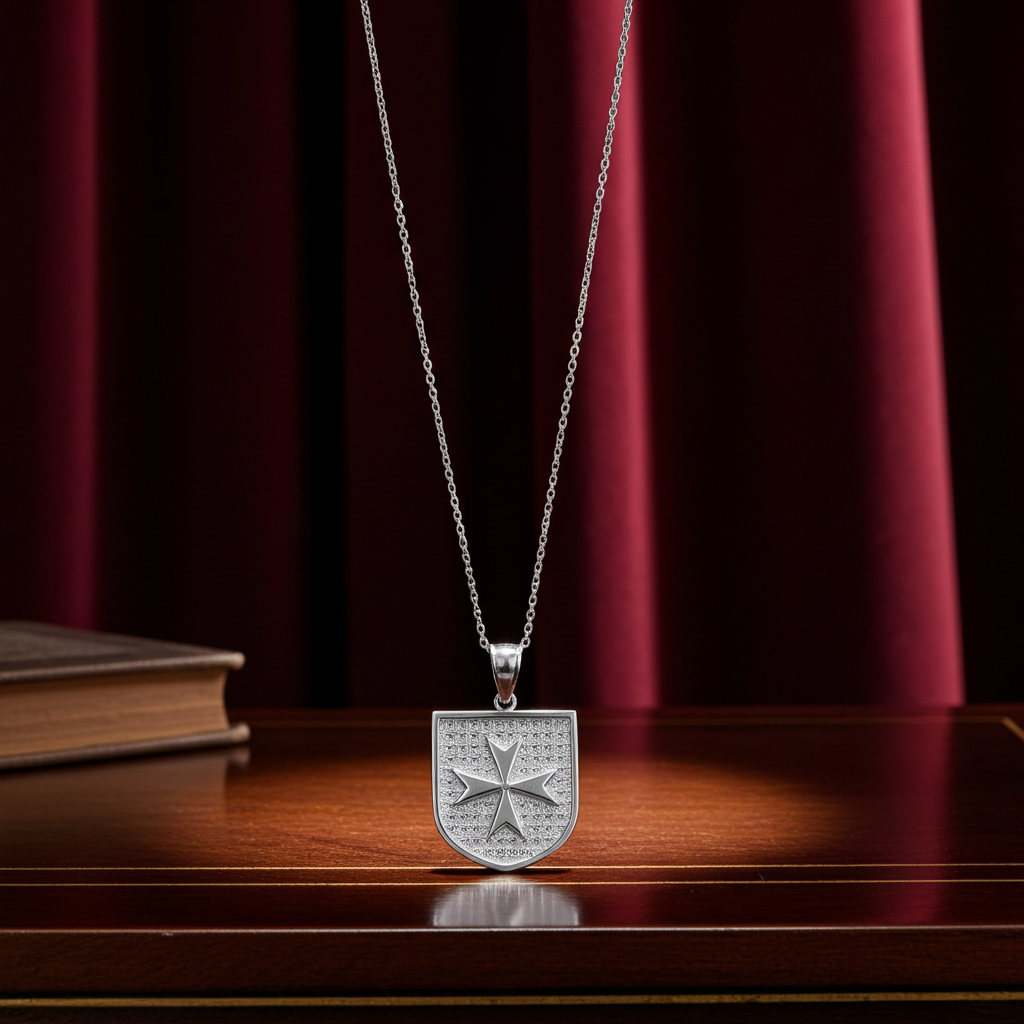 Solid Sterling Silver Maltese Cross Templar Knights Hospitaller Shield Pendant Necklace