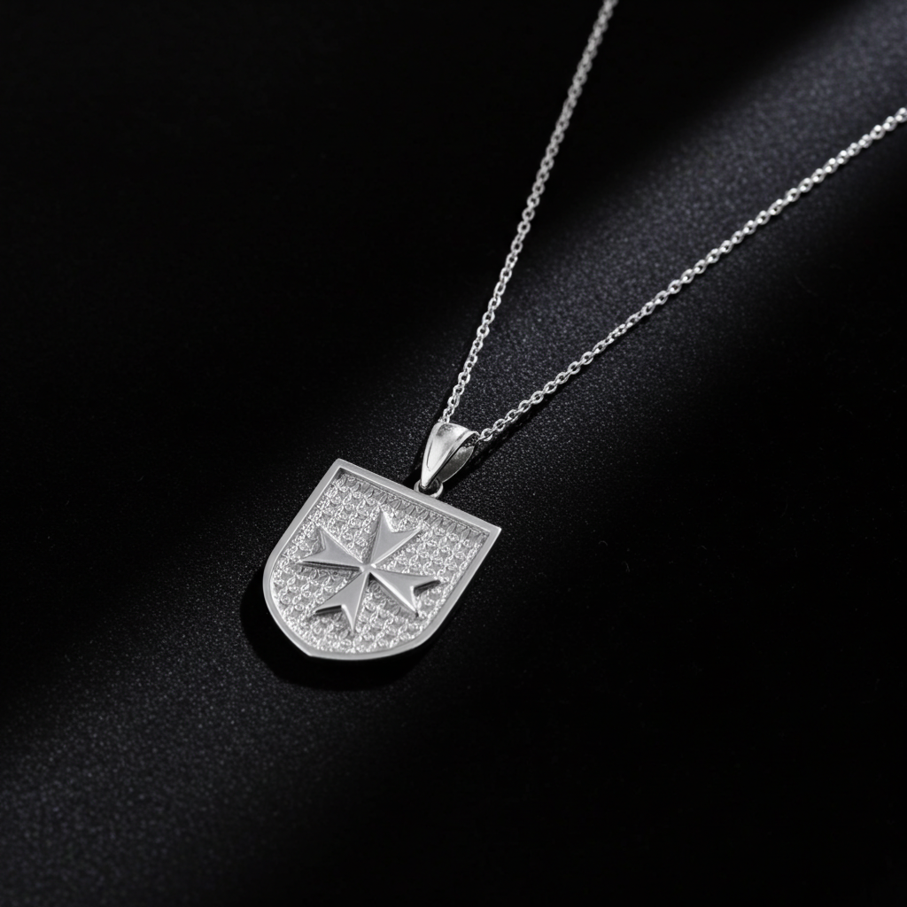 Solid Sterling Silver Maltese Cross Templar Knights Hospitaller Shield Pendant Necklace