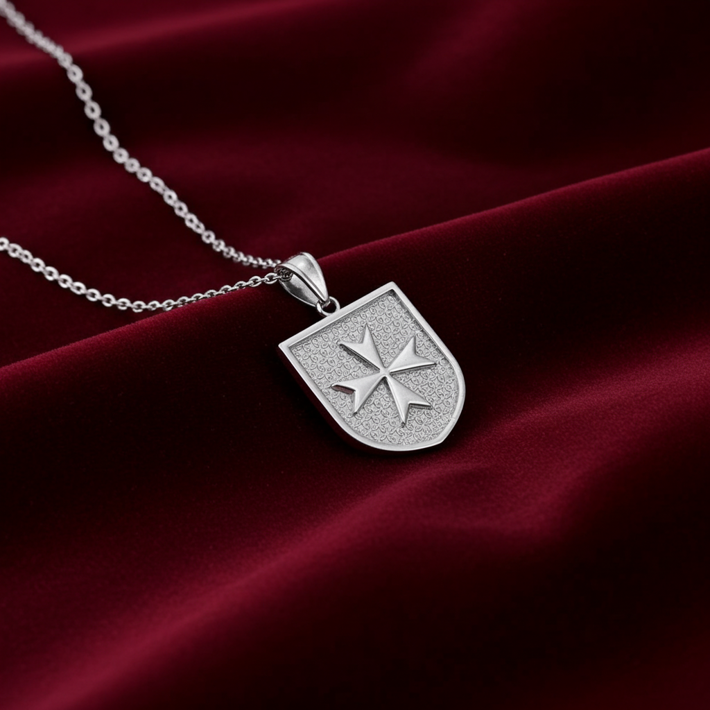 Solid Sterling Silver Maltese Cross Templar Knights Hospitaller Shield Pendant Necklace