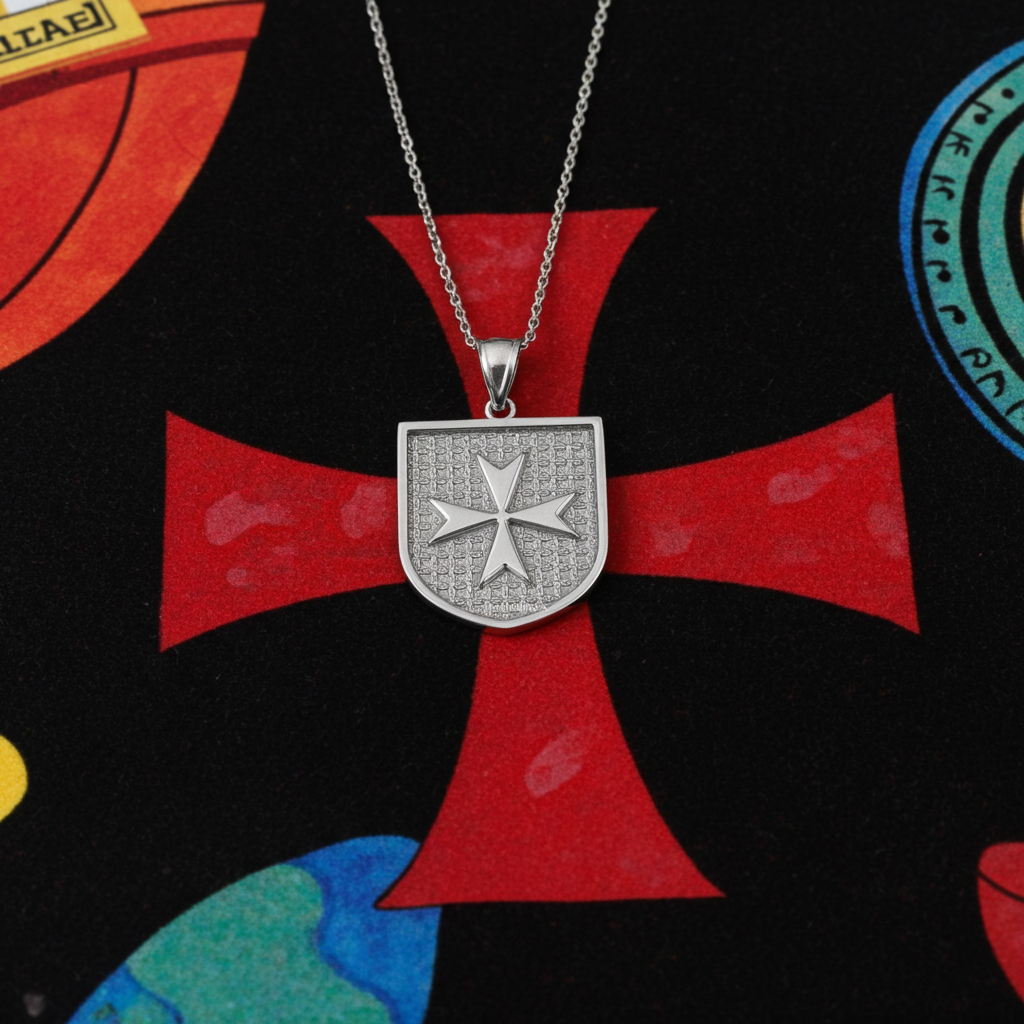 Solid Gold Knights Templar Maltese Cross Shield Medal Pendant Necklace (10K, 14K, Yellow, White, Rose, 2-tone)