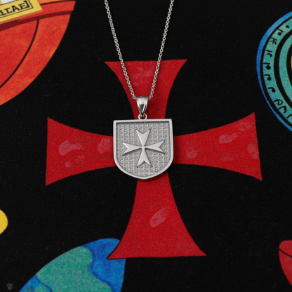 Solid Gold Knights Templar Maltese Cross Shield Medal Pendant Necklace (10K, 14K, Yellow, White, Rose, 2-tone)