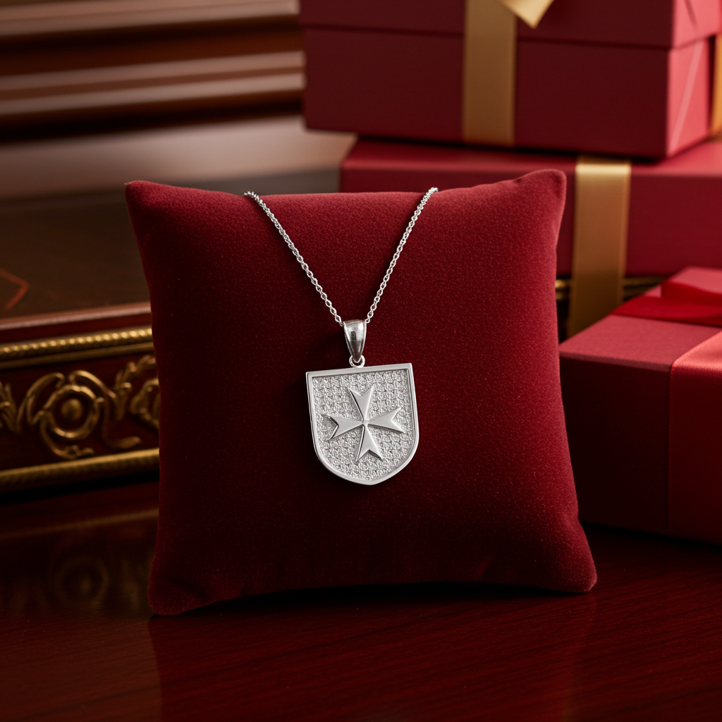Solid Sterling Silver Maltese Cross Templar Knights Hospitaller Shield Pendant Necklace