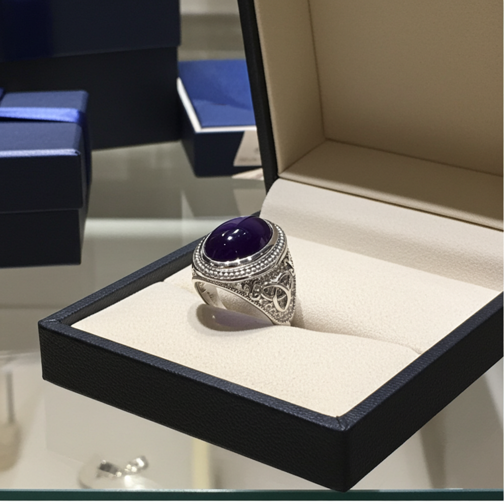 Sterling Silver Celtic Band Amethyst Cabochon Gemstone Ring