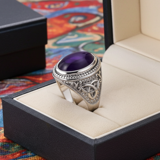 Sterling Silver Celtic Band Amethyst Cabochon Gemstone Ring