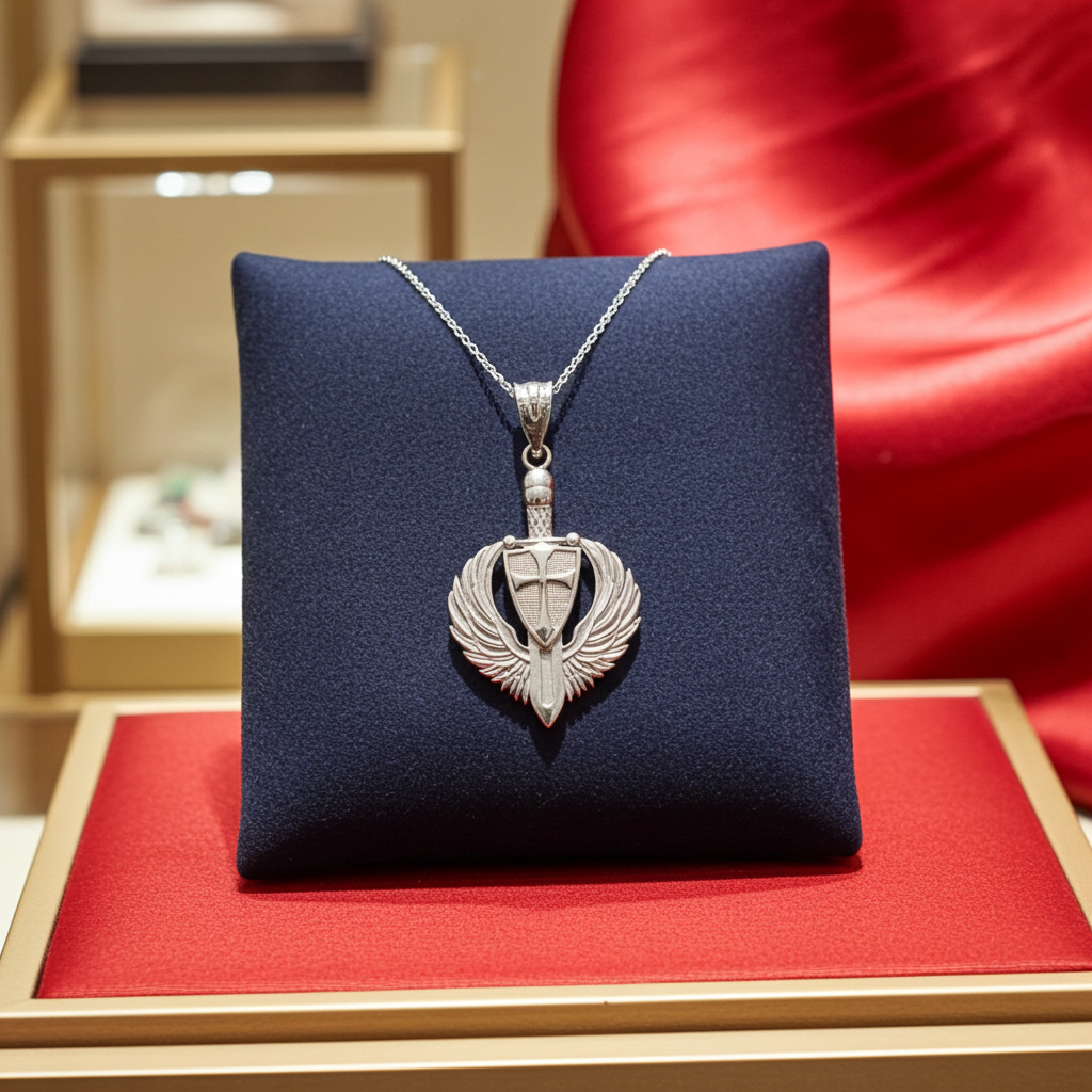 Sterling Silver Crusader Winged Sword and Shield Pendant Necklace