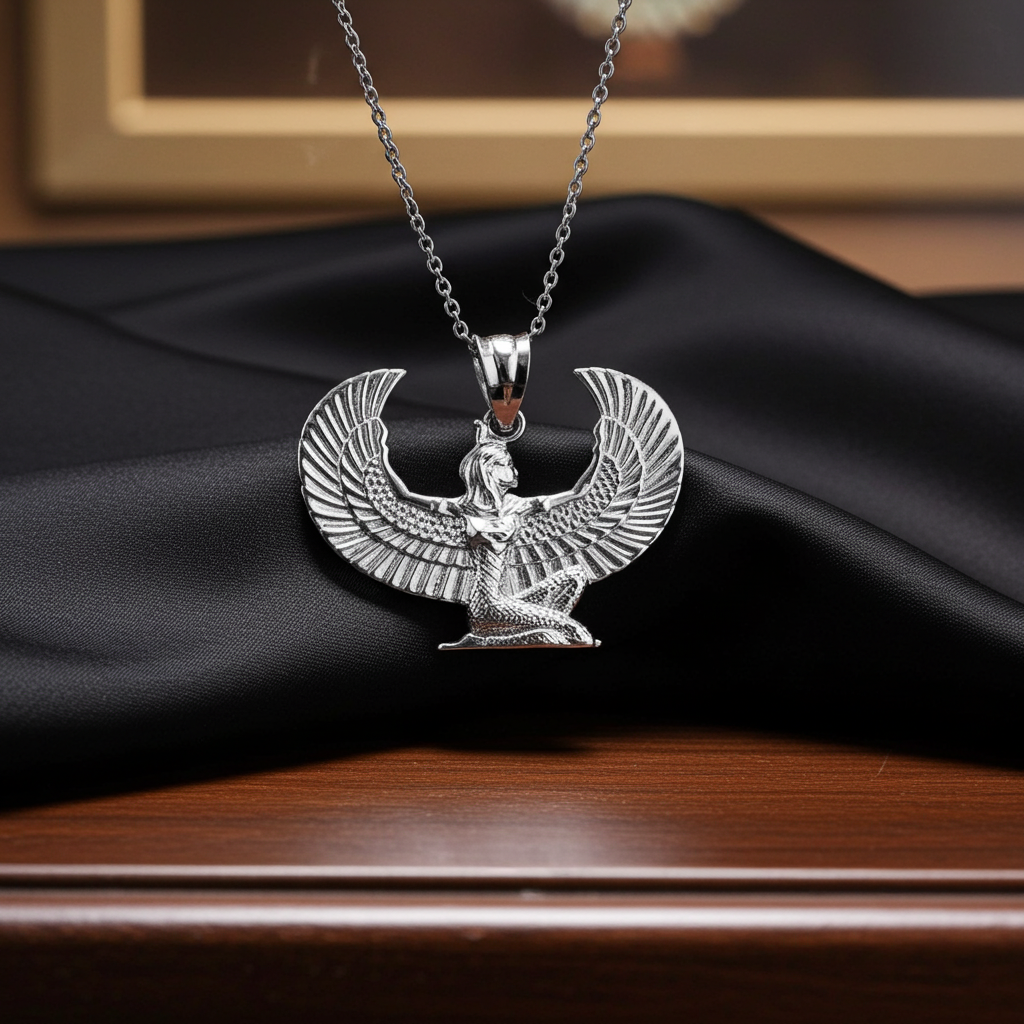 Sterling Silver Egyptian Isis Winged Goddess Pendant Necklace