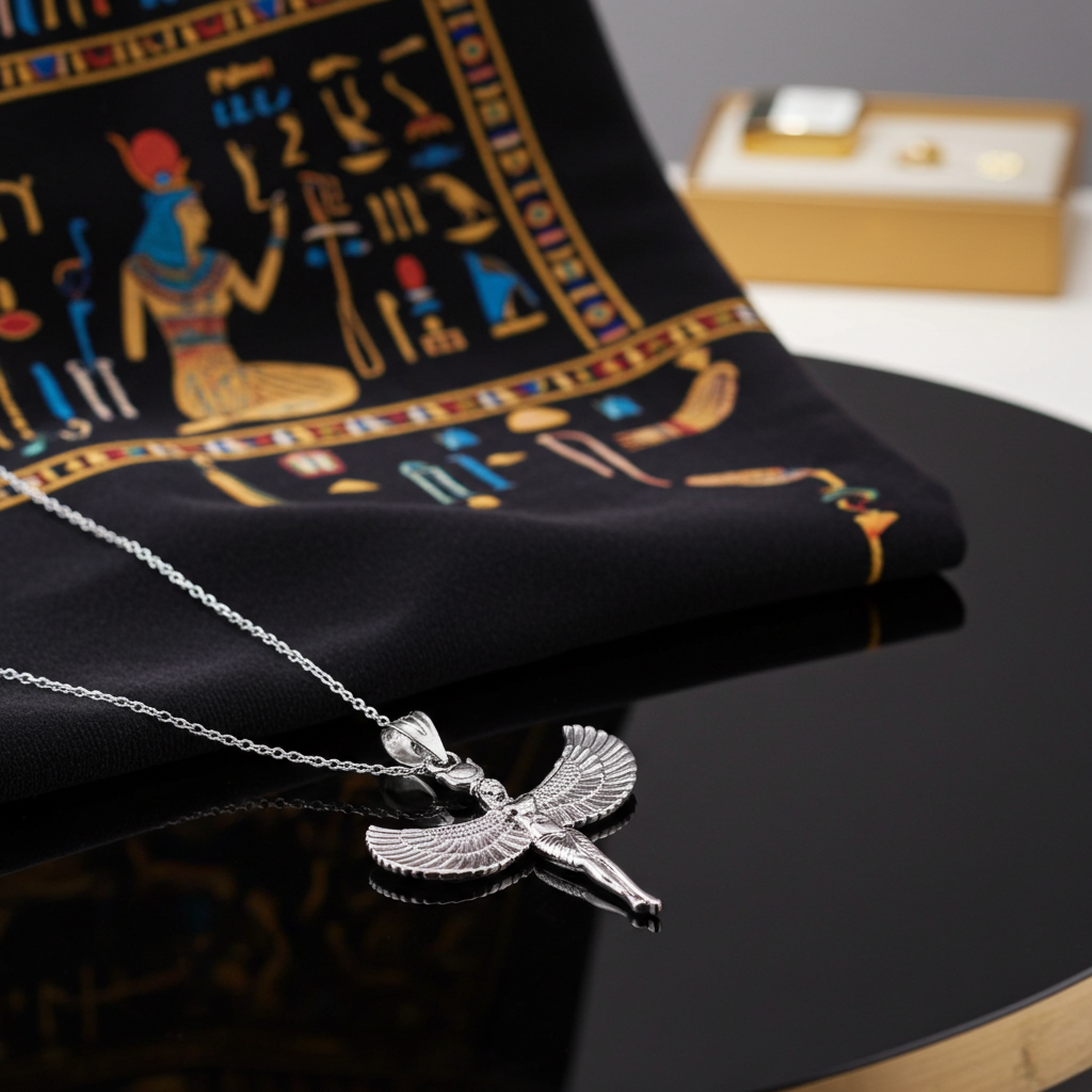 Sterling Silver Egyptian Isis Standing Winged Goddess Pendant Necklace