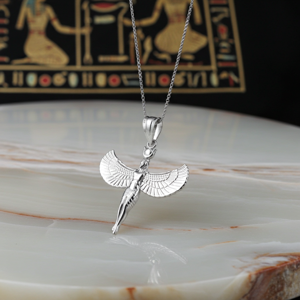Sterling Silver Egyptian Isis Standing Winged Goddess Pendant Necklace
