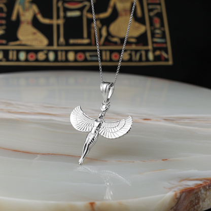 Sterling Silver Egyptian Isis Standing Winged Goddess Pendant Necklace