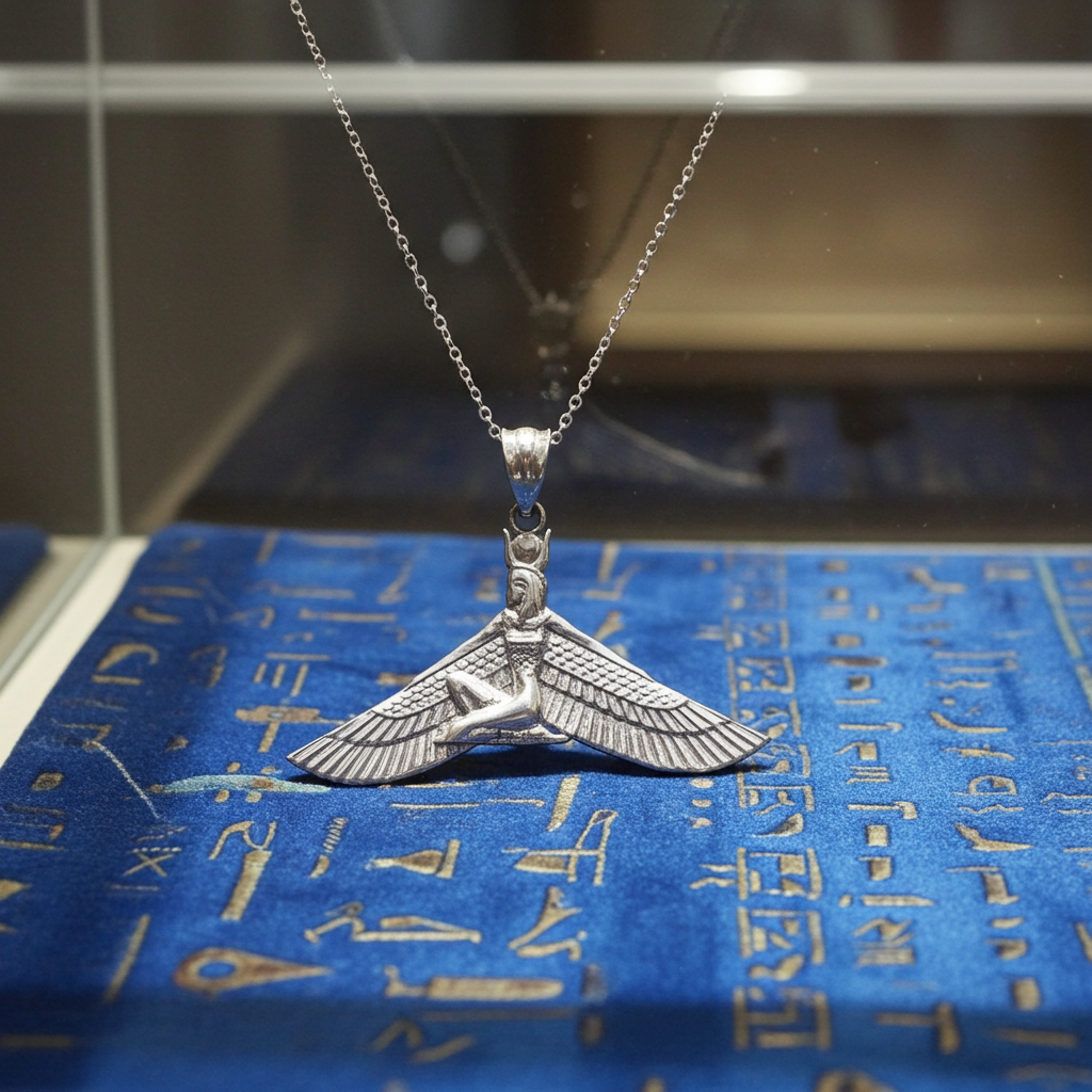 Sterling Silver Egyptian Isis Winged Down Goddess Pendant Necklace