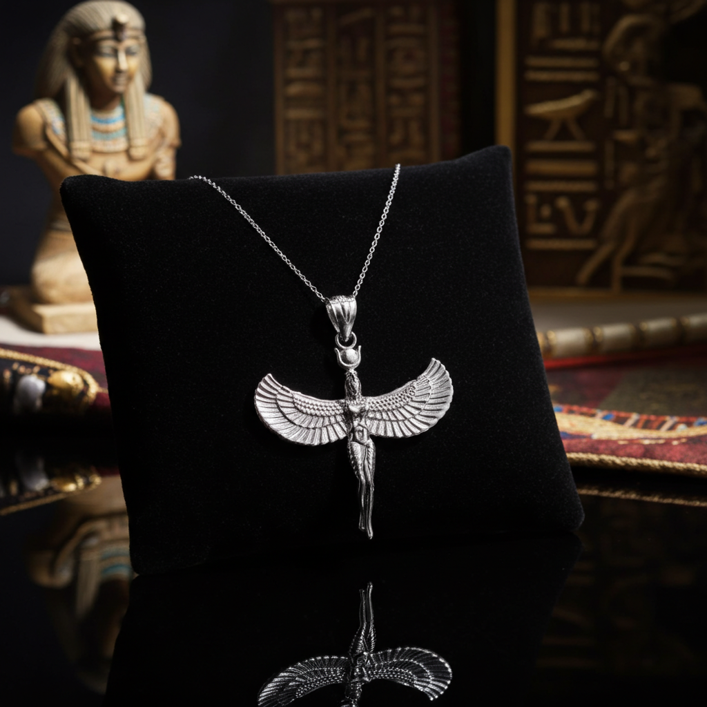 Sterling Silver Egyptian Isis Standing Winged Goddess Pendant Necklace