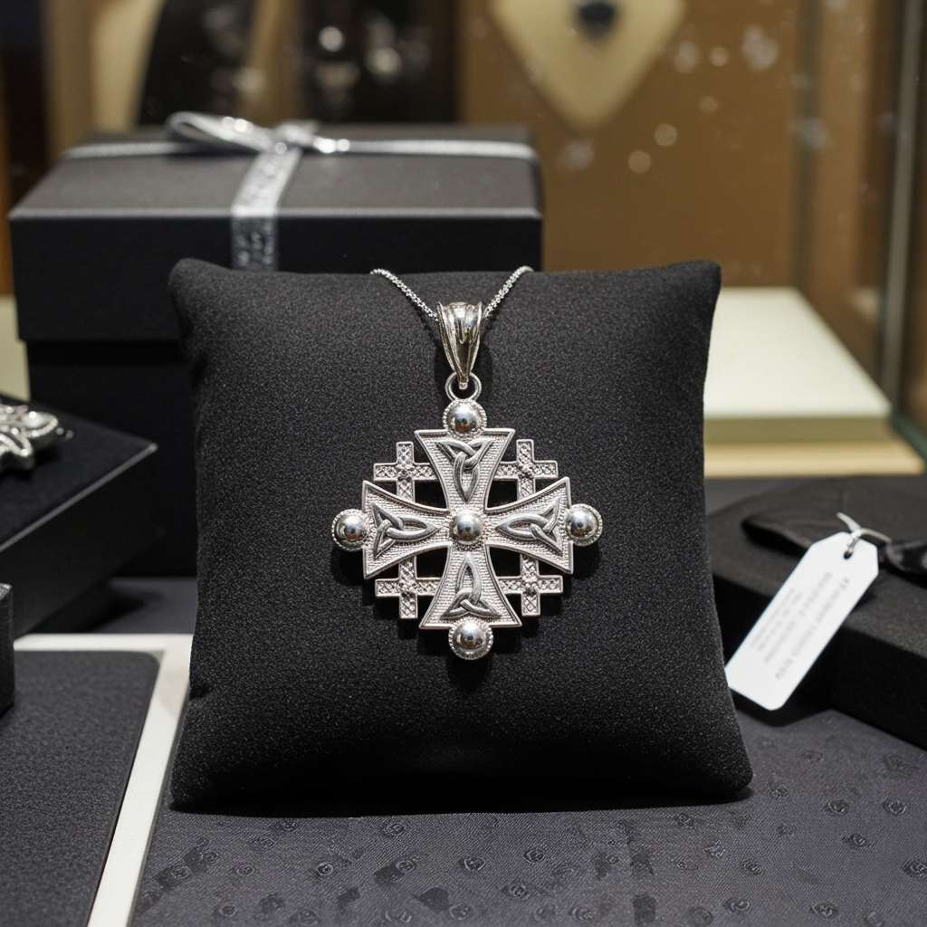 Sterling Silver Jerusalem Cross CZ Pendant Necklace