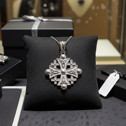Sterling Silver Jerusalem Cross CZ Pendant Necklace