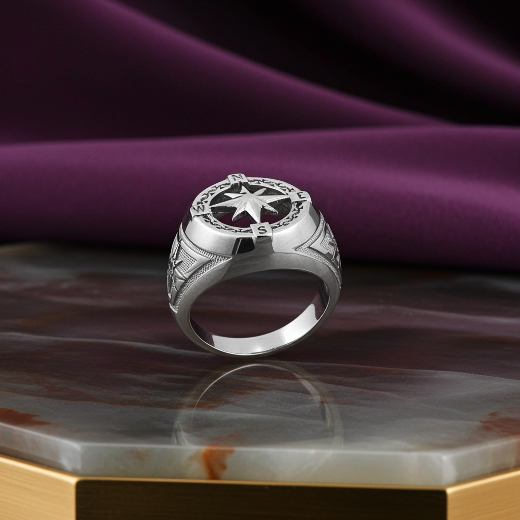 Men's Gold Compass Rose North Star Open Signet Statement Ring (yellow, white, rose, 10k / 14k)