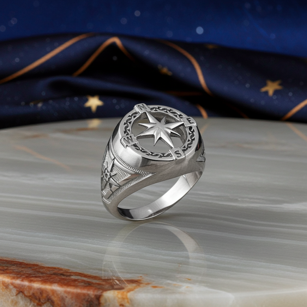 Men's Gold Compass Rose North Star Open Signet Statement Ring (yellow, white, rose, 10k / 14k)