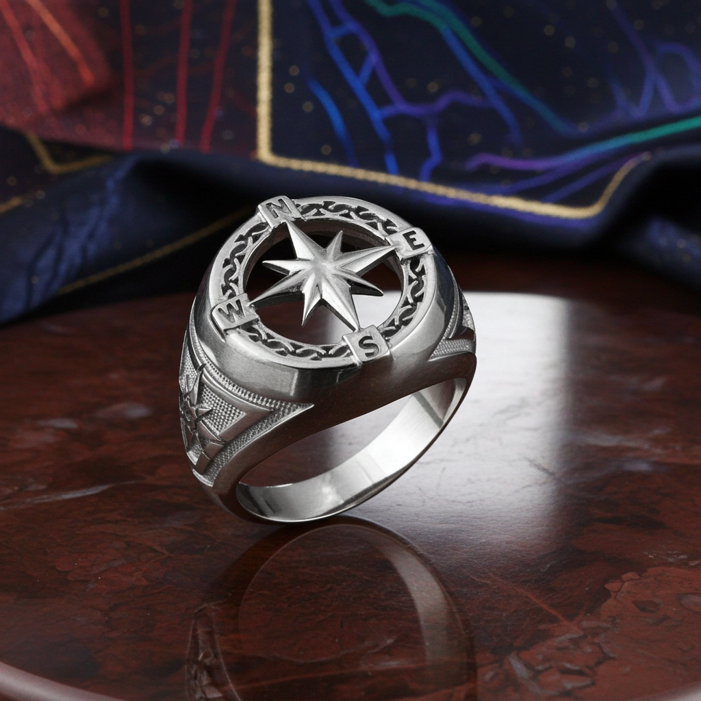 Men's Gold Compass Rose North Star Open Signet Statement Ring (yellow, white, rose, 10k / 14k)