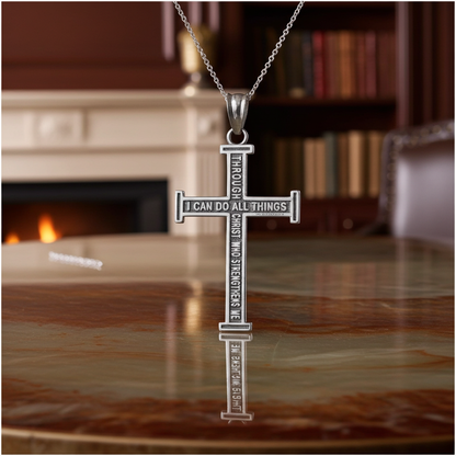 Reversible Gold Latin Cross Pendant with Philippians 4:13 Scripture (10K, 14K, yellow, white, rose gold)