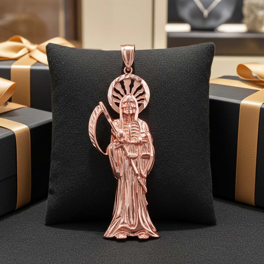 Gold Santa Muerte DC Pendant (yellow, white, rose gold, 10k, 14k)