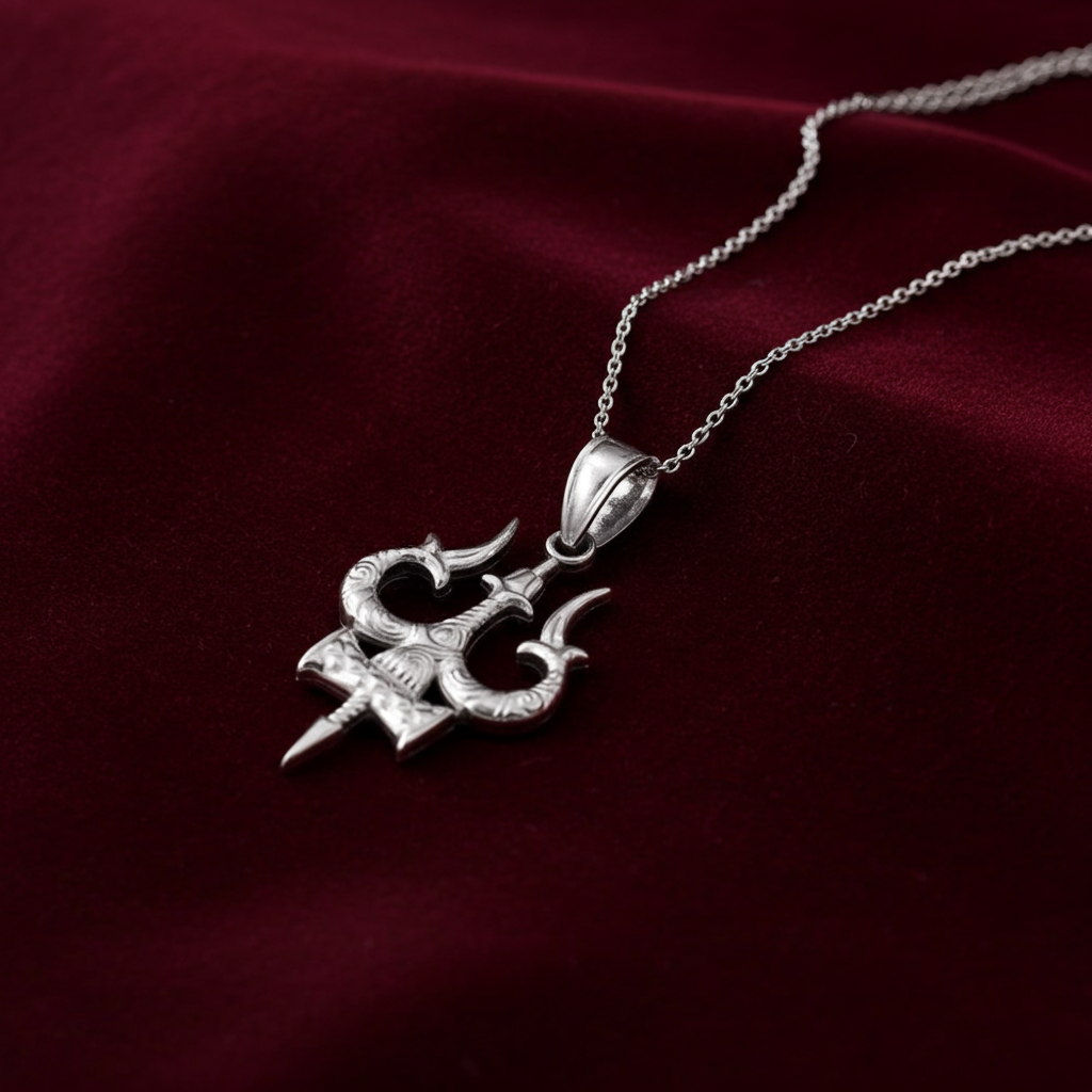 Sterling Silver Trident of Lord Shiva Trishula Pendant Necklace