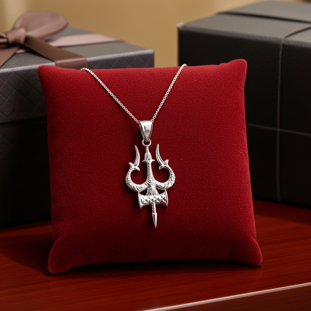 Sterling Silver Trident of Lord Shiva Trishula Pendant Necklace