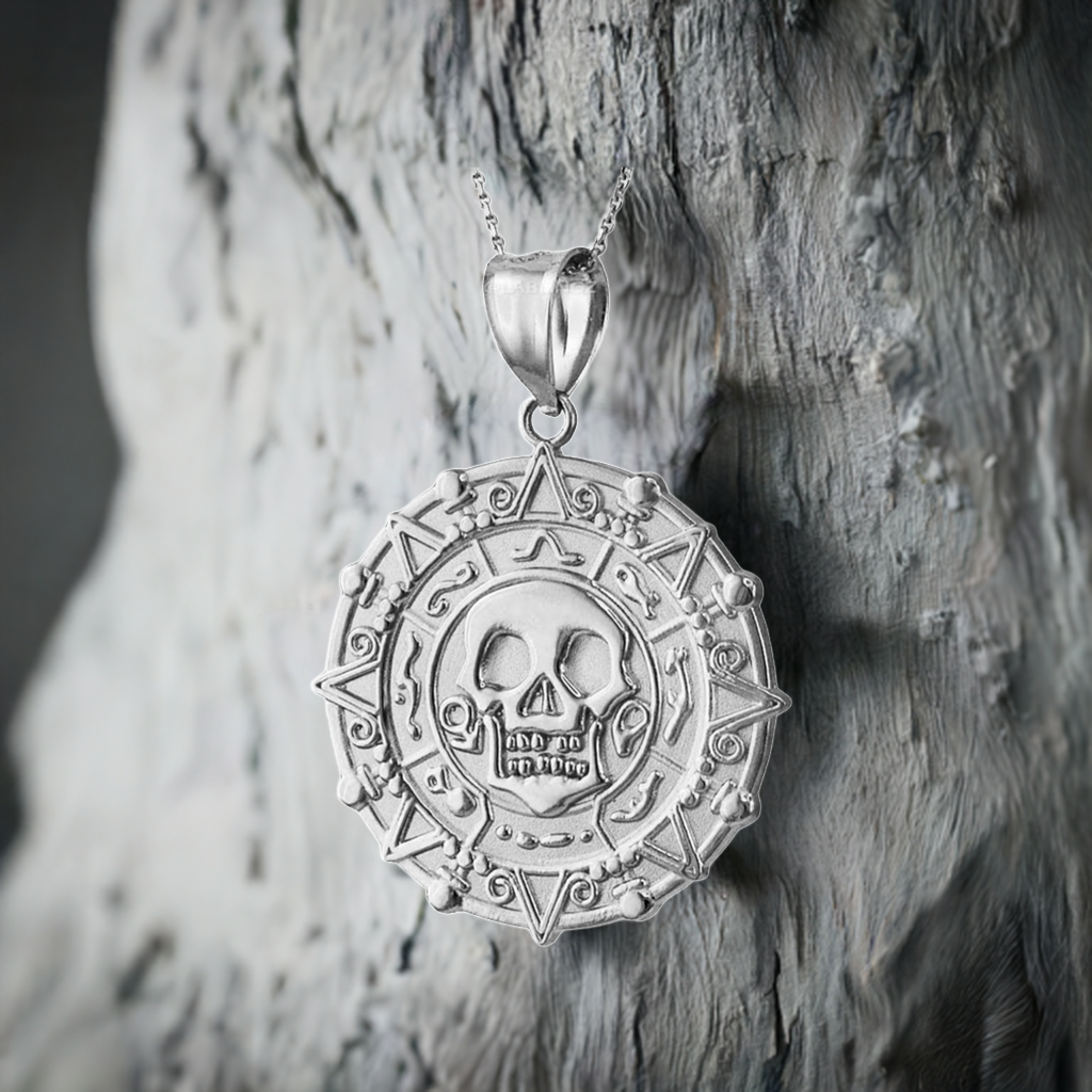 Sterling Silver Aztec Coin Pirates of The Caribbean Skull Medallion Pendant Necklace