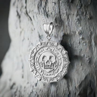 Sterling Silver Aztec Coin Pirates of The Caribbean Skull Medallion Pendant Necklace