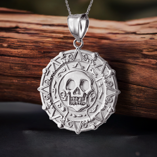 Sterling Silver Aztec Coin Pirates of The Caribbean Skull Medallion Pendant Necklace