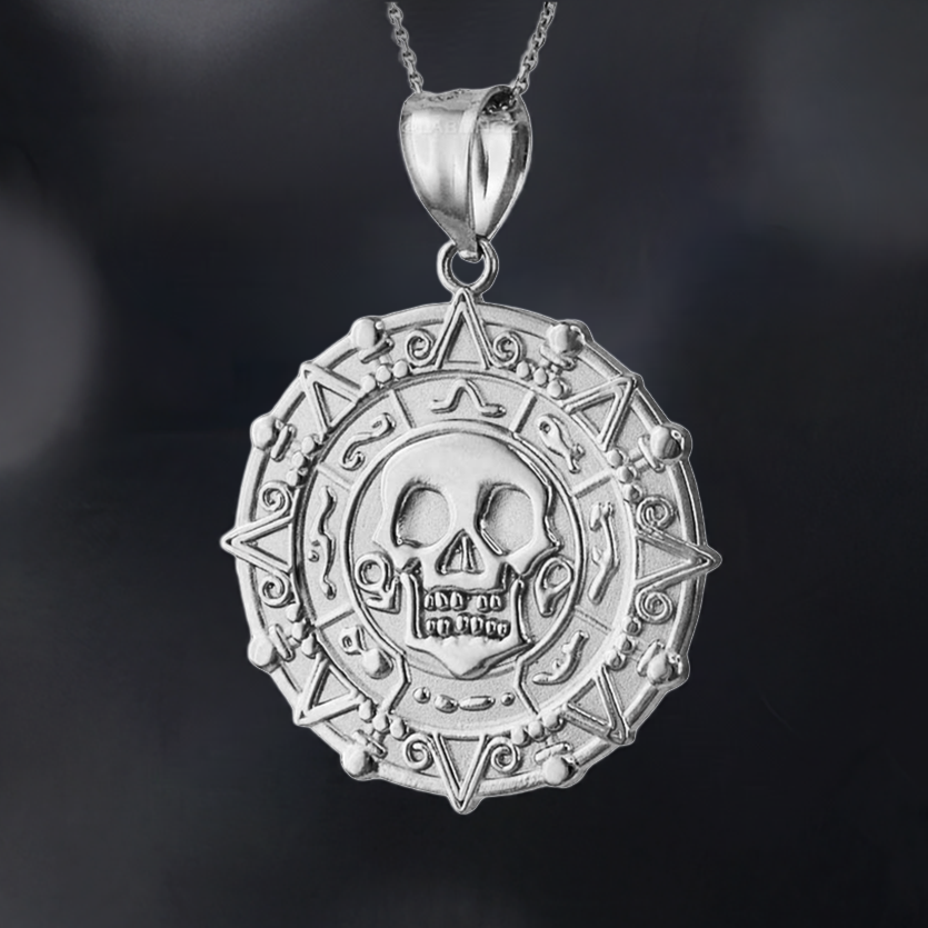 Sterling Silver Aztec Coin Pirates of The Caribbean Skull Medallion Pendant Necklace