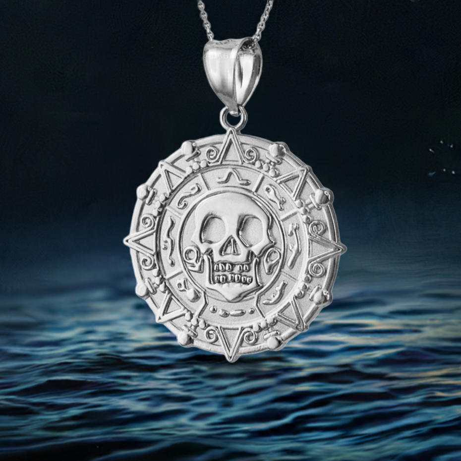 Sterling Silver Aztec Coin Pirates of The Caribbean Skull Medallion Pendant Necklace